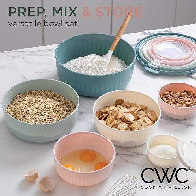 COOK WITH COLOR Prep Bowls with Lids- Wide and Deep Nesting Plastic Small Mixing Bowl Set with Lids, 12 Piece Set - Wide Bowls, Teal and Pink - Image 4