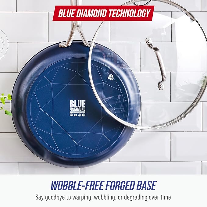 Blue Diamond 12" Nonstick Frying Pan with Lid, Diamond Infused PFAS & PTFE-Free Ceramic Skillet, Dishwasher & Oven Safe, Stay Cool Handle, Durable Non Toxic Metal Utensil Safe, Glass Lid, Blue - Image 6