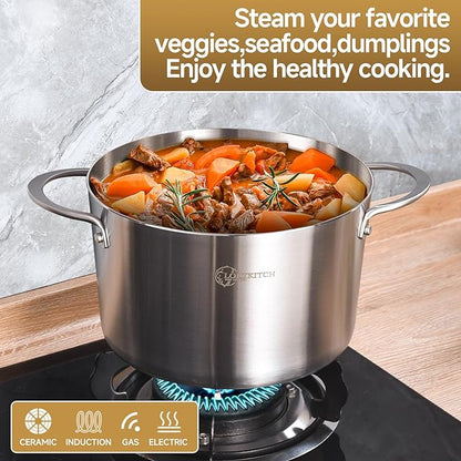 LOLYKITCH Tri-Ply Stainless Steel 5 QT Stock Pot with Lid, Induction Cooking Pot,Soup Pot,Compatible with All Stoves,Oven and Dishwasher safe.