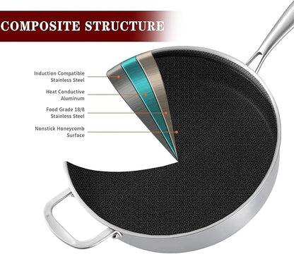 LOLYKITCH 6 QT Large Skillet with Lid, 12 Inch Nonstick Deep Frying Pan, Tri-Ply Stainless Steel Hybrid Saute Pan for Family Meals, Induction Oven Compatible Ceramic Coated, Detachable Handle - Image 2