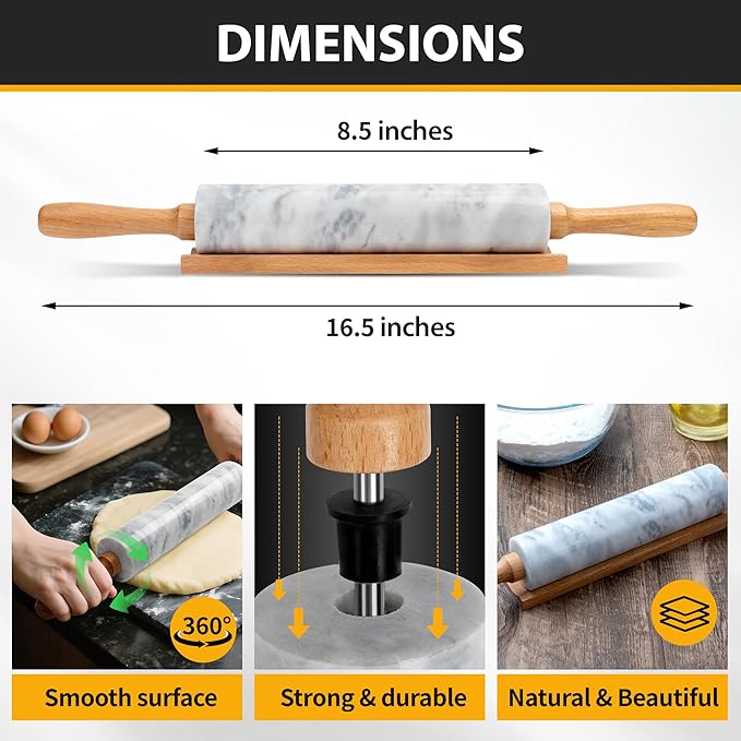 16.7 Inches Marble Rolling Pin for Baking with Wooden Handles & Wooden Cradle - Rolling Pin for making Pizza Dough & Tortillas, Dough Roller for Pasta, Cookie, Pie Crust and More! - Image 3