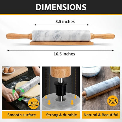 16.7 Inches Marble Rolling Pin for Baking with Wooden Handles & Wooden Cradle - Rolling Pin for making Pizza Dough & Tortillas, Dough Roller for Pasta, Cookie, Pie Crust and More! - Image 3