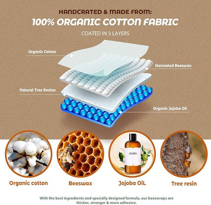Akeeko Reusable Beeswax Food Wraps - Assorted 9 Packs, Reusable, Plastic-Free Food Storage, 5 Small, 2 Medium, 1 Large, 1 Extra Large Wraps with Boho Leaves Pattern
