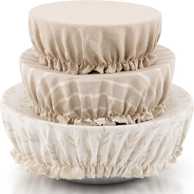 Beautiful Linen Cotton Blend Bowl Covers for Bread Proofing - Reusable Set of 3 in Varying Sizes Easily Fit Your Bowls 7" to 13" - Durable Fabric Covers, Ideal Sourdough Bread Baking Accessories by KIBAGA