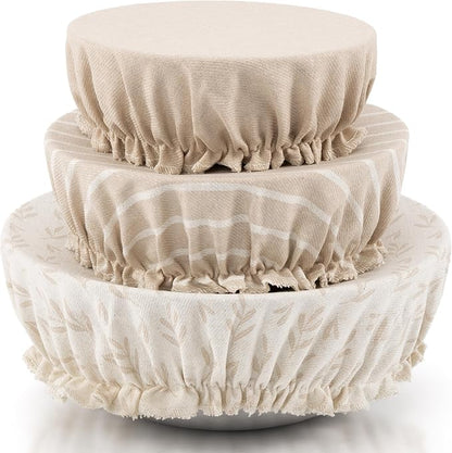 Beautiful Linen Cotton Blend Bowl Covers for Bread Proofing - Reusable Set of 3 in Varying Sizes Easily Fit Your Bowls 7" to 13" - Durable Fabric Covers, Ideal Sourdough Bread Baking Accessories by KIBAGA