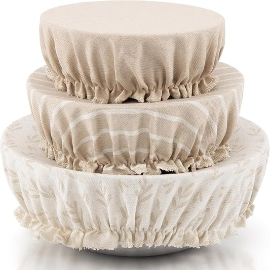 Beautiful Linen Cotton Blend Bowl Covers for Bread Proofing - Reusable Set of 3 in Varying Sizes Easily Fit Your Bowls 7" to 13" - Durable Fabric Covers, Ideal Sourdough Bread Baking Accessories by KIBAGA