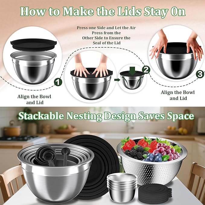 Mixing Bowls with Lids Set, 27Pcs Stainless Steel Nesting Mixing Bowls Set for Kitchen Cooking & Storage, Metal Salad Bowls with Colander, Strainer, Grater & Dressing Containers, Kitchen Gadgets Black - Image 2