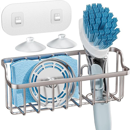 Consumest Sponge Holder Sink Caddy - Ladder Shaped Sponge Holder for Kitchen Sink with 2 Installation Ways (Suction Cups & Adhesive Hook), Rustproof Stainless Steel Kitchen Organizer, Sand Nickel