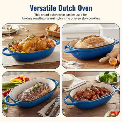 2 QT Oval Dutch Oven for Bread Baking, Enamelled Cast Iron Bread Oven for Sourdough, Sourdough Loaf Pan with Lid, Heavy-Duty Non Stick Bread Pan for Homemade Bread Baking, Blue
