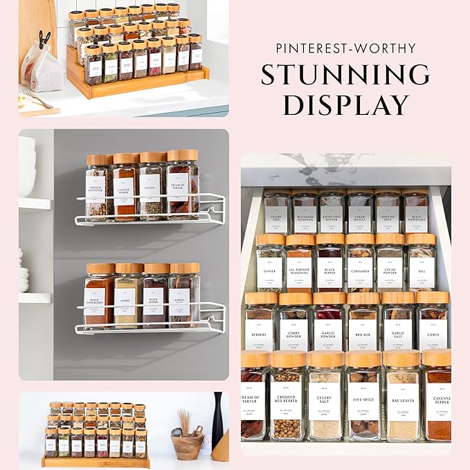 FINESSY Bamboo Glass Spice Jars with Labels and Shaker Lids Clear Empty 4oz 24 Pack Bottles Set, Glass Spice Containers with Labels, Seasoning Organizer Jars - Image 6