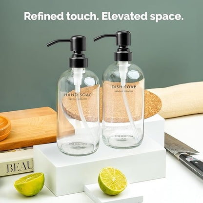 Vine Creations Clear Glass Soap Dispenser Set, Dish Soap and Hand Soap Dispenser Set with Stainless Steel Pump, 16 oz Glass Dispensers for Kitchen Bathroom Decor (Clear Bottle/Matte Black Pump) - Image 6