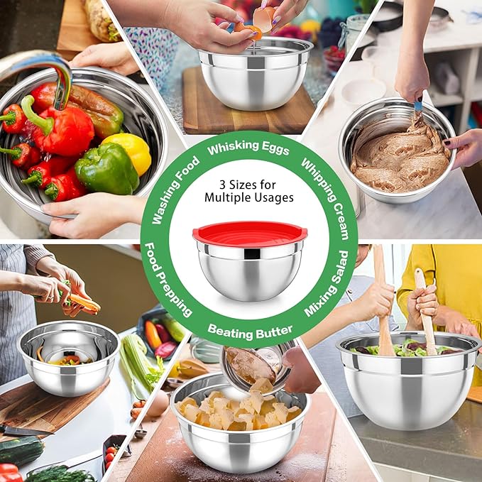 P&P CHEF Multicolor Mixing Bowls with Lids, Set of 3, Stainless Steel Salad Nesting Bowl for Mixing, Storing, Prepping, Airtight & Stackable, Size 4.6/3 /1.5 QT - Image 5