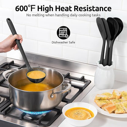 Silicone Kitchen Cooking Utensil Set: U-Taste High Heat Resistant 13.6in Long Kitchen Gadgets, BPA Free Non Stick Rubber Cook Accessories For Stir Frying, Serving, Basting, Mixing (5 Pieces, Black) - Image 3