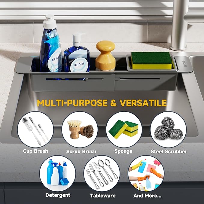 NiHome Extendable Over Sink Kitchen Organizer, Small Telescopic Brush Storage Rack for Sponge, Non-Slip Pads Expandable Sink Caddy, Adjustable Sponge/Brush Rack with Drainage Durable ABS (Dark Gray) - Image 7