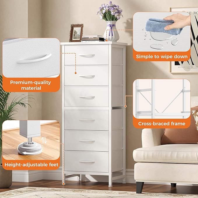 Sweetcrispy Tall Fabric Dresser for Bedroom, 6 Drawer Skinny Chest of Drawers, Narrow Storage Tower with Wood Top and Metal Frame, Vertical Nightstand for Closet, Bedroom Organization Furniture, White