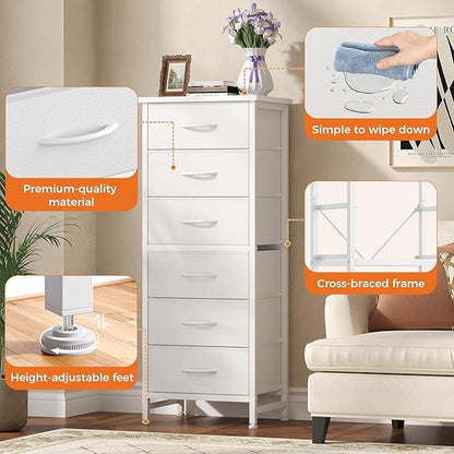 Sweetcrispy Tall Fabric Dresser for Bedroom, 6 Drawer Skinny Chest of Drawers, Narrow Storage Tower with Wood Top and Metal Frame, Vertical Nightstand for Closet, Bedroom Organization Furniture, White