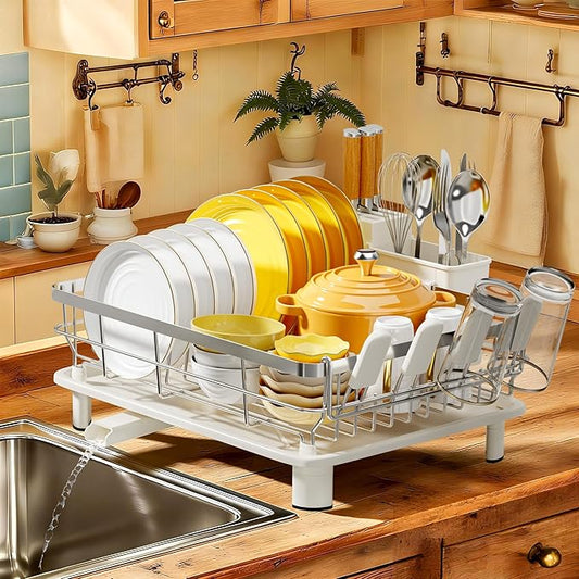 MOUKABAL Dish Drying Rack, Dish Rack, Stainless Steel Dish Racks for Kitchen Counter, Dish Drainer with Removable Utensil Holder, Drainboard (White,Stainless Steel,13''W x 17''L) by MOUKABALGREATHELPER