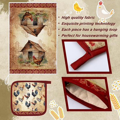 Leinuosen 6 Rooster Farmhouse Kitchen Decor Dish Towels Oven Mitts and Pot Holders Sets Chicken Kitchen Towels Absorbent Decorative Accessories for Cooking Baking Grilling