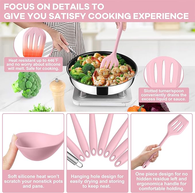 TeamFar 8 PCS Silicone Cooking Utensils - 446°F Heat Resistant Kitchen Silicon Utensils Set, Turner, Spatula, Spoon, Whisk, Kitchen Cooking Gadgets Tools for Nonstick Cookware, Dishwasher Safe-Pink - Image 3