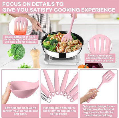 TeamFar 8 PCS Silicone Cooking Utensils - 446°F Heat Resistant Kitchen Silicon Utensils Set, Turner, Spatula, Spoon, Whisk, Kitchen Cooking Gadgets Tools for Nonstick Cookware, Dishwasher Safe-Pink - Image 3