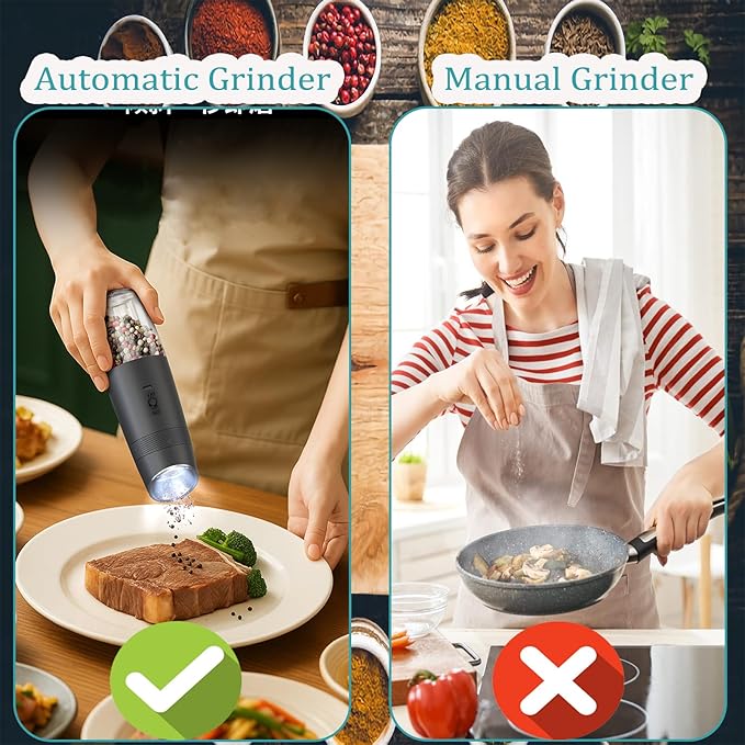 Gravity Electric Salt and Pepper Grinder Set, Automatic Salt Pepper Mill Grinder with Adjustable Coarseness, Large Capacity, LED Light & Easy Refill, USB Rechargeable Spice Grinders for Kitchen