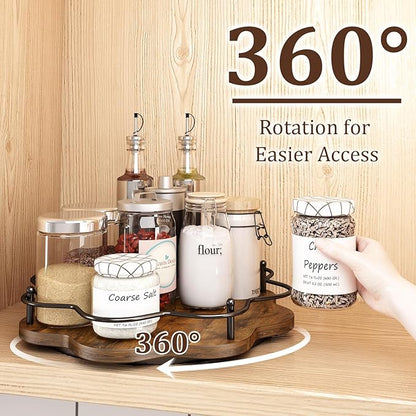12" Lazy Susan Turntable Organizer,Round Wooden Lazy Susan Organization and Rotating Spice Rack for Dining Table,Pantry,Kitchen Countertop,Vanity,Cupboard and More.Vintage Wood(Petal Shape)