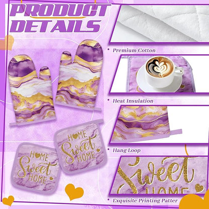 Bencailor Purple 6 Pcs Marble Kitchen Decor Gold Pot Holders Oven Mitts 2 Dish Towels 2 Farmhouse Cooking Mittens Oven Glove and Potholder for Baking Cooking Grilling Supply Accessories