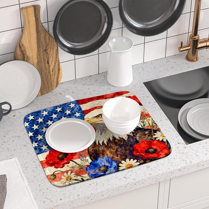 4th of July American Flag Eagle Dish Drying Mat for Kitchen Counter 16x18 Patriotic Floral Memorial Day Absorbent Reversible Microfiber Drying Mats Kitchen Countertop Protector Dishes Drainer Pad - Image 6