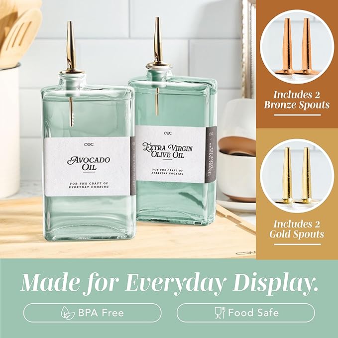 COOK WITH COLOR Olive Oil Dispenser Bottle - 2 Pk Glass Oil Dispenser for Kitchen - Condiment, Coffee Syrup & Vinegar Dispenser, Olive Oil Cruet, Includes 4 Auto Pourer Spouts - Image 4