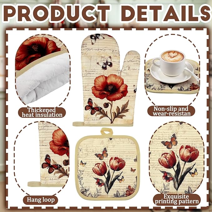 Fourluoo 10 Pcs Butterfly Kitchen Dish Towels Rugs Oven Mitts and Pot Holders Set Farmhouse Kitchen Decor Set for Women Mom Daughter Gift Cooking Baking Grilling(Classic Colors)
