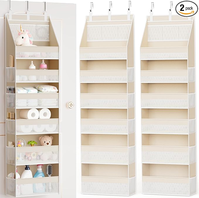 Criusia 2 Pack Over the Door Organizer, 6-Shelf Closet Hanging Storage with 13 Mesh Pockets, 55lbs Capacity Behind the Door Storage for Baby Nursery, Bathroom, Bedroom, and Dorm, Beige by Criusia