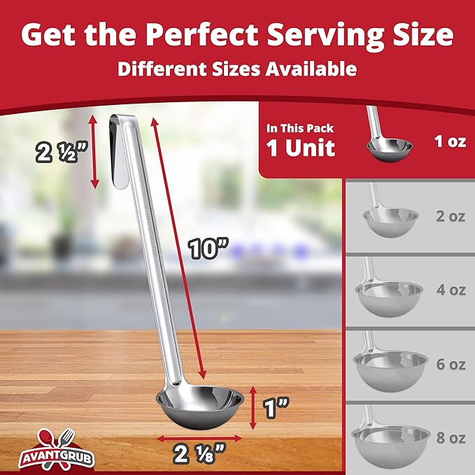 Super Sturdy, Ergonomic 1 Oz. Soup Ladle 1 Pk. Stainless Steel Ladles with Long Handles. Best Kitchen Accessories for Stirring, Portioning and Serving Soups, Chili and Stew in Restaurants and at Home - Image 2