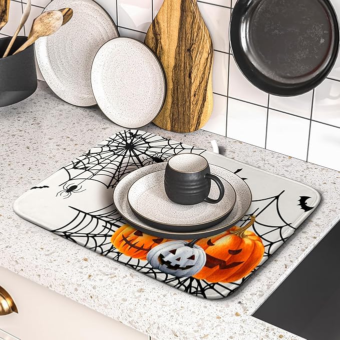 Giwawa Happy Halloween Dish Drying Mat 16"x18" Spooky Colorful Pumpkins Decorative Dish Drainer Mats Horrible Spider Web Bats Reversible Dish Drying Pad for Kitchen Countertop Dining Room
