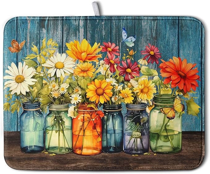 Daisy Dish Drying Mat for Kitchen Counter 18x24 Inch Rustic Vintage Flower Vases Drying Mats Microfiber Absorbent Dishes Drainer Mats Farmhouse Floral Wooden Board Dish Rack Pad by Kwlegh