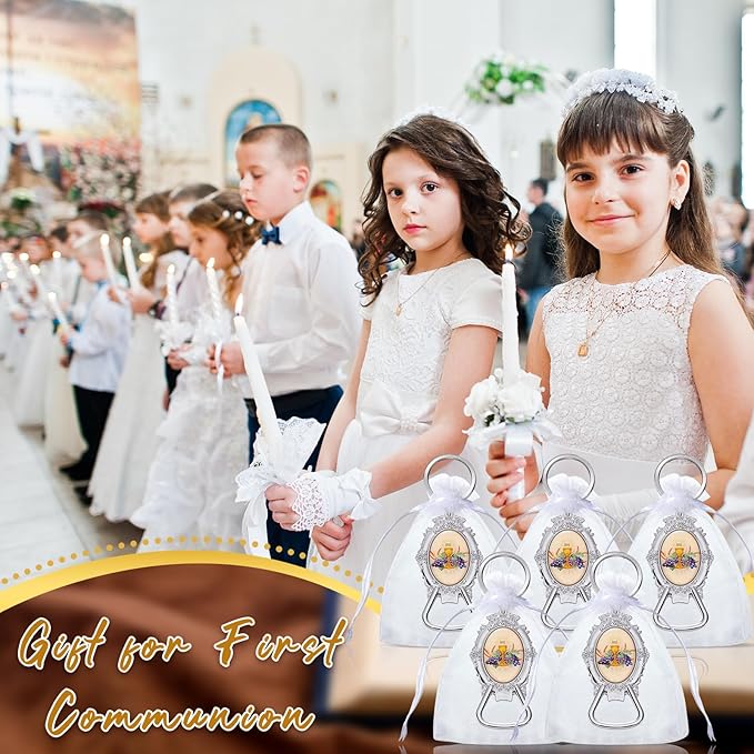 Misdary 12 Pcs First Communion Bottle Opener Keychain Catholic Bottle Opener with Organza Baptism Party Favor for Guest