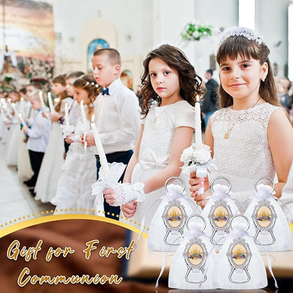 Misdary 12 Pcs First Communion Bottle Opener Keychain Catholic Bottle Opener with Organza Baptism Party Favor for Guest