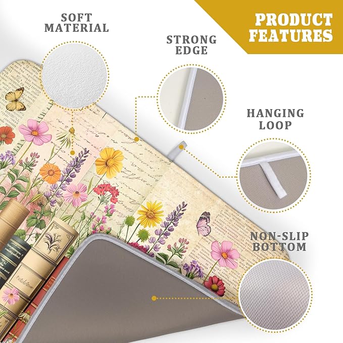 Vintage Books Dish Drying Mat - Retro Flower Kitchen Countertop Cloth Pad 18 x 24 In - Image 4