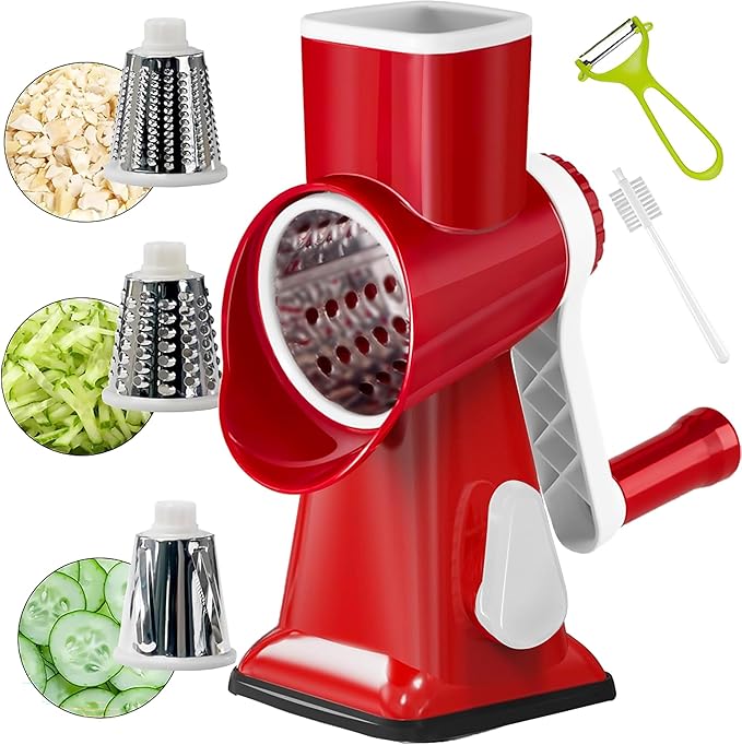 YOUCZON Rotary Cheese Grater Multi-Purpose Stainless Steel Cheese Shredder - Cheese Grater With Handle Effortless Grating of Carrots, Potatoes, Vegetables, and Fruits (Red) by YOUCZON