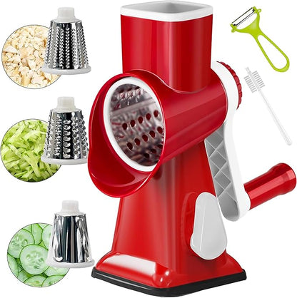 YOUCZON Rotary Cheese Grater Multi-Purpose Stainless Steel Cheese Shredder - Cheese Grater With Handle Effortless Grating of Carrots, Potatoes, Vegetables, and Fruits (Red) by YOUCZON