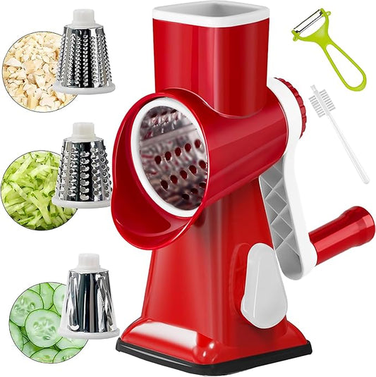 YOUCZON Rotary Cheese Grater Multi-Purpose Stainless Steel Cheese Shredder - Cheese Grater With Handle Effortless Grating of Carrots, Potatoes, Vegetables, and Fruits (Red) by YOUCZON