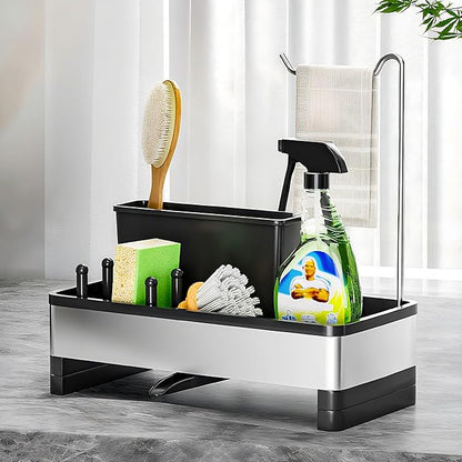 Ewaiira Stainless Steel Sink Caddy, Sponge Holder for Kitchen Sink with Brush Holder & Dishcloth Rack, Rustproof Sink Organizer Countertop, Kitchen Organizers Storage Essentials (D-Black 9.8″) by EwaiiraHomeStorageOrganizer