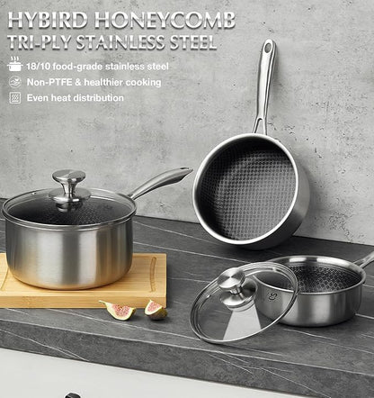 KOCH SYSTEME CS Hybrid Nonstick Stainless Steel Saucepan, 2 Quart Tri-Ply Stainless Steel Sauce Pan with Nonstick Honeycomb Interior, Hybrid Sauce Pan with Lid, Small Steel Pot, Induction Compatible - Image 8