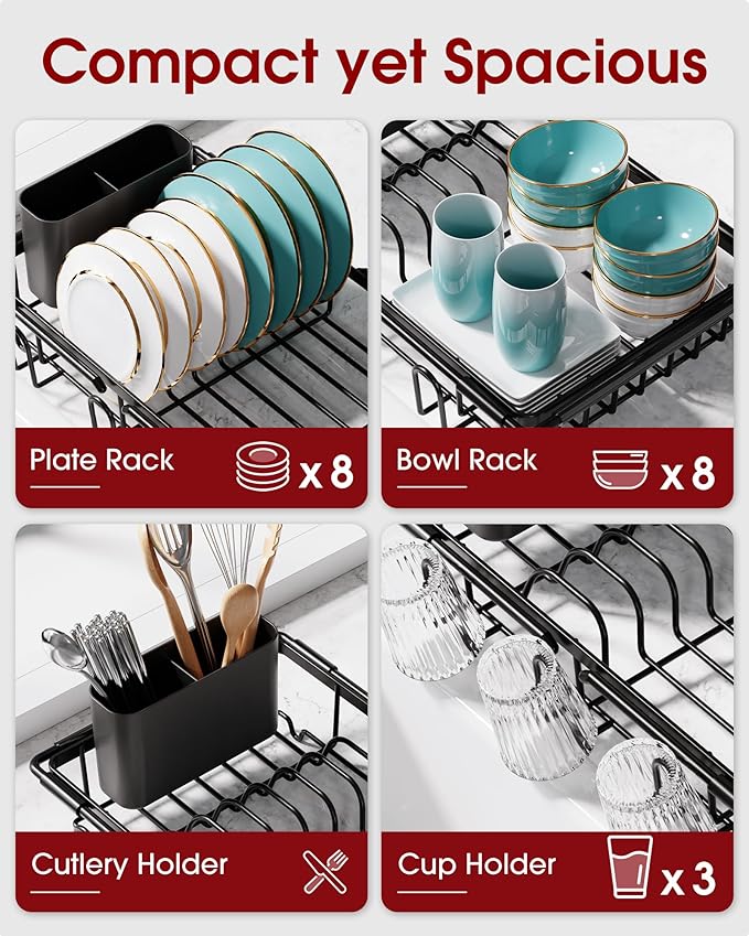 Sakugi Dish Drying Rack in Sink - Expandable Stainless Steel Dish Rack Over the Sink, Kitchen Sink Drain Strainer with Cutlery Holder & Cup Holders, 15.4 x 9.8 x 3.0 Inch, Black - Image 2