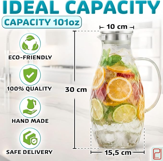 Premium Borosilicate Glass Pitcher with Lid and Spout - 3 Liter / 100 oz, Borosilicate Glass with Handle - Carafe for Hot/Cold Beverages - Water Jug - Iced Tea Pitcher - Juice Server
