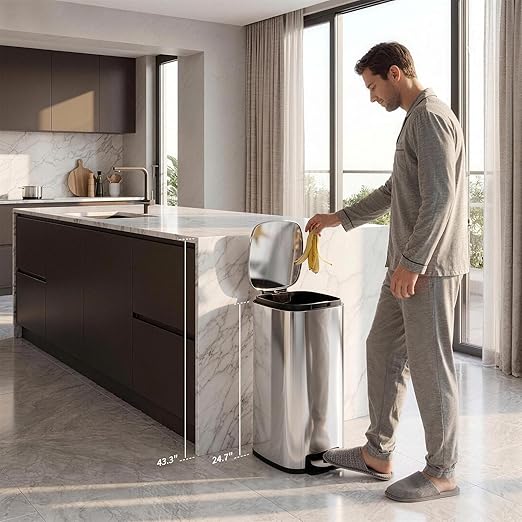 Garvee 13 Gallon Slim Kitchen Trash Can, Narrow Stainless Steel Step-On Pedal Garbage Can with Soft Close Lid, Removable Inner Bucket, Space-Saving Trash Bin for Kitchen, Bathroom, Office, Silver