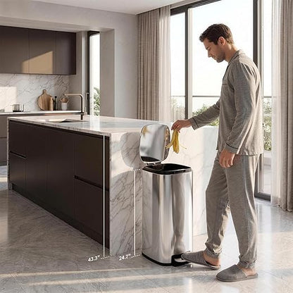 Garvee 13 Gallon Slim Kitchen Trash Can, Narrow Stainless Steel Step-On Pedal Garbage Can with Soft Close Lid, Removable Inner Bucket, Space-Saving Trash Bin for Kitchen, Bathroom, Office, Silver