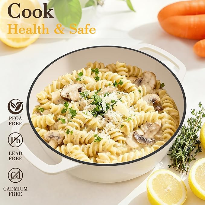 Umite Chef 6QT Enameled Cast Iron Dutch Oven with Lid, Versatile Heavy-Duty Cookware Pot for Baking Bread, Braising, Soups & Stews, Oven & Stovetop Safe with Heat Resistant Gloves（Cream White） - Image 7