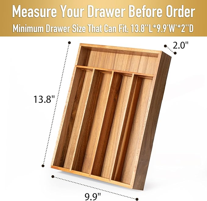 Besilord Silverware Organizer Kitchen Drawer Organizer Utensil Organizer Acacia Silverware Holder Cutlery Organizer in Drawer Flatware Organizer Tray(5 slots, Acacia - Image 2