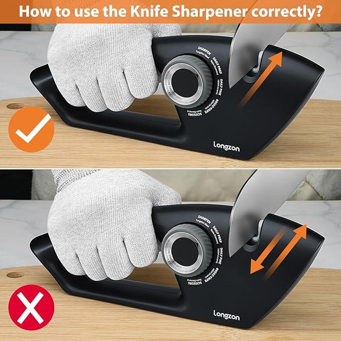 Longzon 6-in-1 Knife Sharpener 5 Stage with Cut-Resistant Glove, Manual Kitchen Tool for Straight & Serrated Knives, Quickly Sharpens Restores & Polishes Dull Blades Safe for Home Kitchen - Image 4