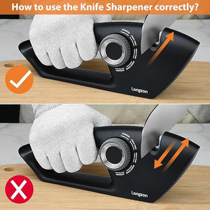 Longzon 6-in-1 Knife Sharpener 5 Stage with Cut-Resistant Glove, Manual Kitchen Tool for Straight & Serrated Knives, Quickly Sharpens Restores & Polishes Dull Blades Safe for Home Kitchen - Image 4